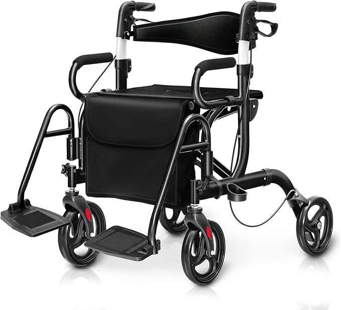 Deambulatore 2 in 1 per Anziani in Alluminio, Rollator Pieghevole e Regolabile in Altezza con Sedia, Schienale Reversibile, Manici Regolabili, Ruote, Poggiapiedi e Borsa Rimovibile (Nero)