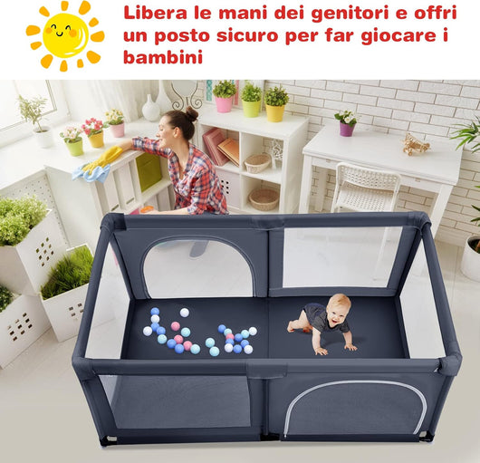 Box per Bambini, Centro Attività Portatile e Sicuro per Bambini, Box Colorato con Cancello, Recinto Extra per Interno ed Esterno con Rete Traspirante Durevole (Grigio scuro)