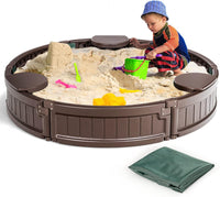 Sabbiera per Bambini con Rotondo Coperchio Impermeabile, Ideale per Giardino, Cortile e Spiaggia,120 x 120 x 21 cm, Marrone