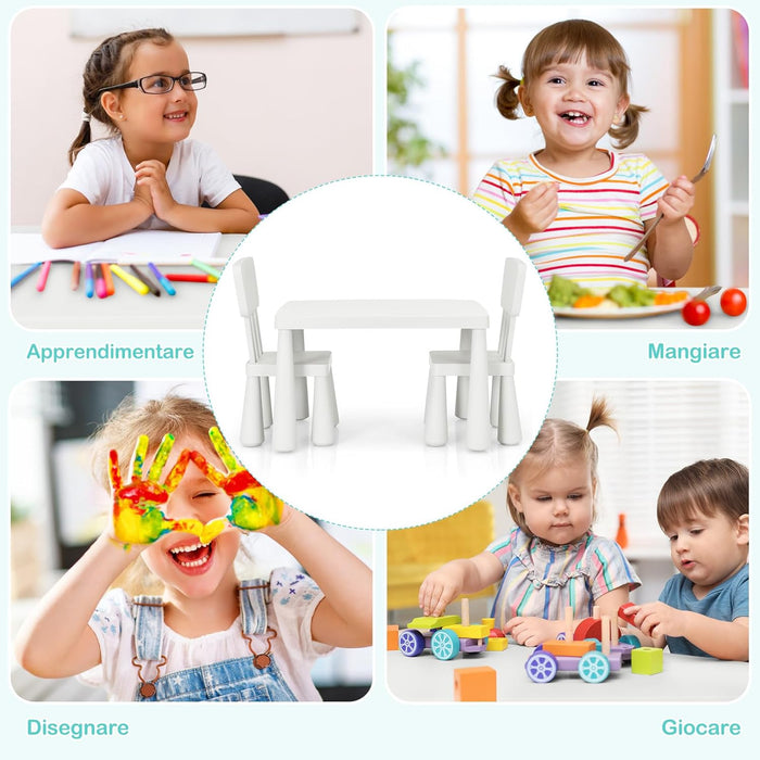 Set Tavolo e Sedie per Bambini 1-7 Anni, 2 Sedie Ergonomiche con Schienale, Materiale PP Atossico e Inodore, Angoli Arrotondati, Adatto per Giocare, Disegnare e Leggere, Portata 50kg (Bianco)