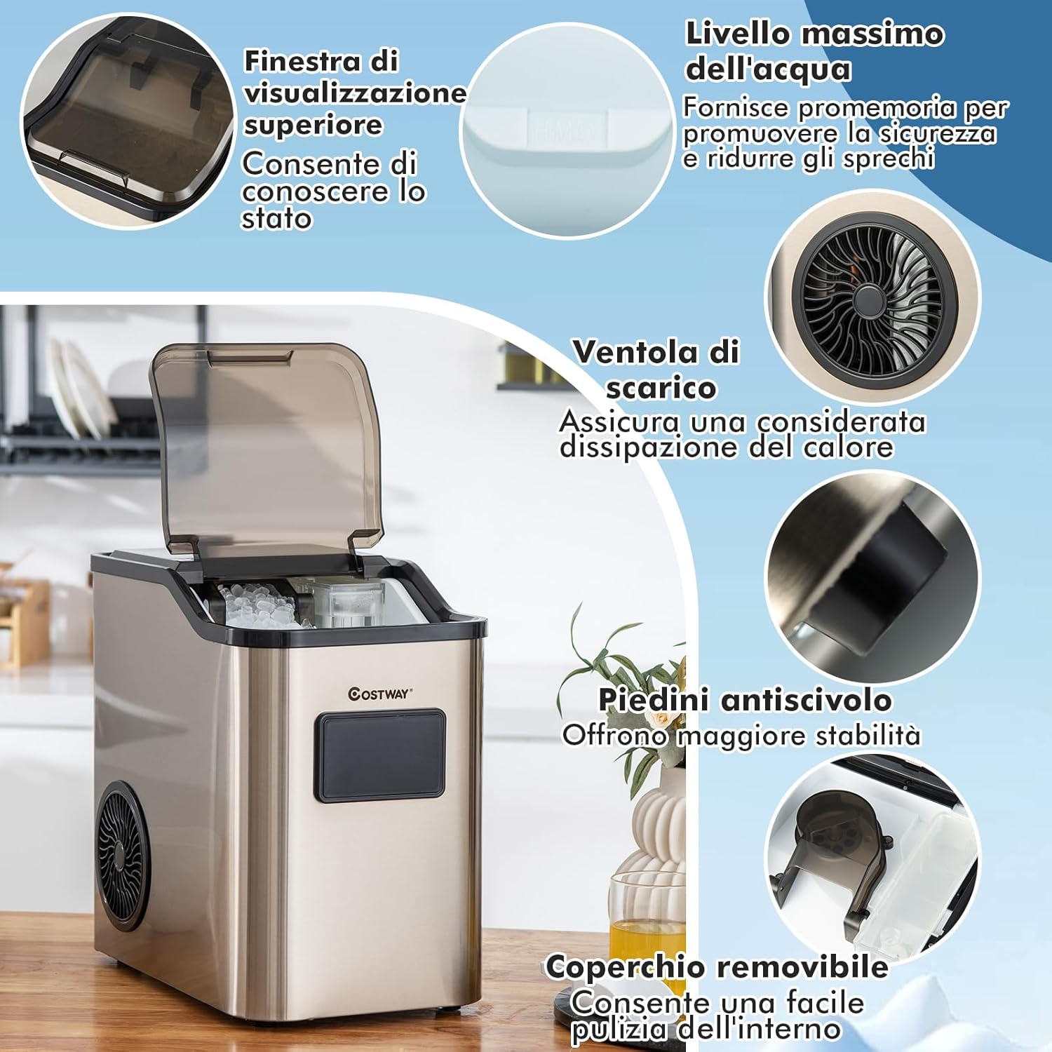 Fabbricatore di Ghiaccio 24kg/24h, 2 Modi di Ricarica dell'Acqua Autopulente e Finitura in Acciaio Inox, Macchina per Produzione di Ghiaccio per Casa Ufficio e Bar