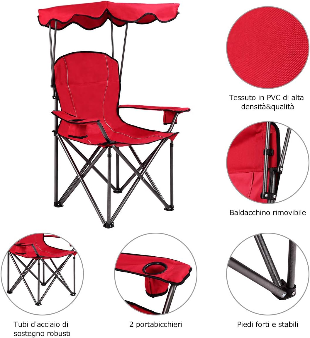 Sedia da Campeggio con Parasole, Sedia Pieghevole da Spiaggia con Portabicchieri, Braccioli, Leggerae e Portatile, Max Portata 120kg (Rosso)