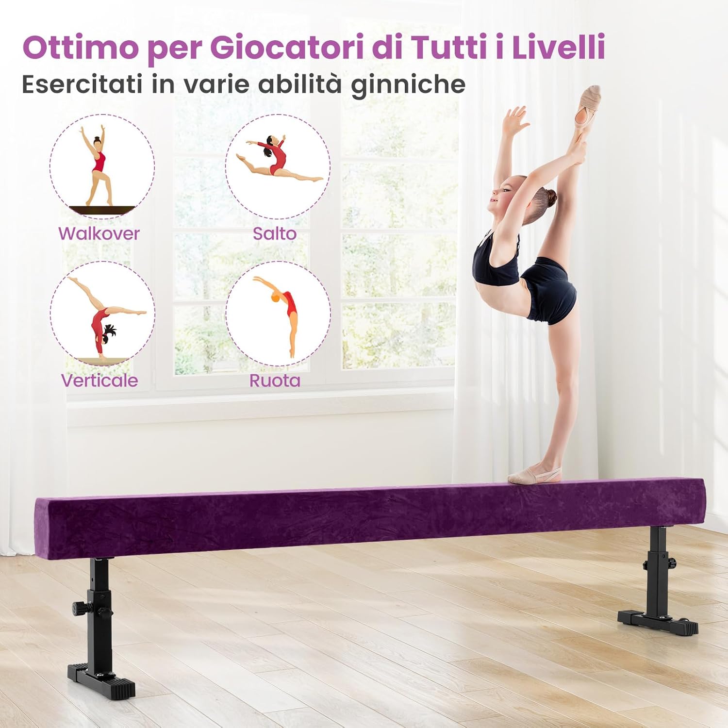 Trave Ginnastica Artistica per Casa Regolabile 226 cm, Trave di Equilibrio con Ruote e 3 Altezze Regolabili e Gambe Robuste per Principianti e Professionisti