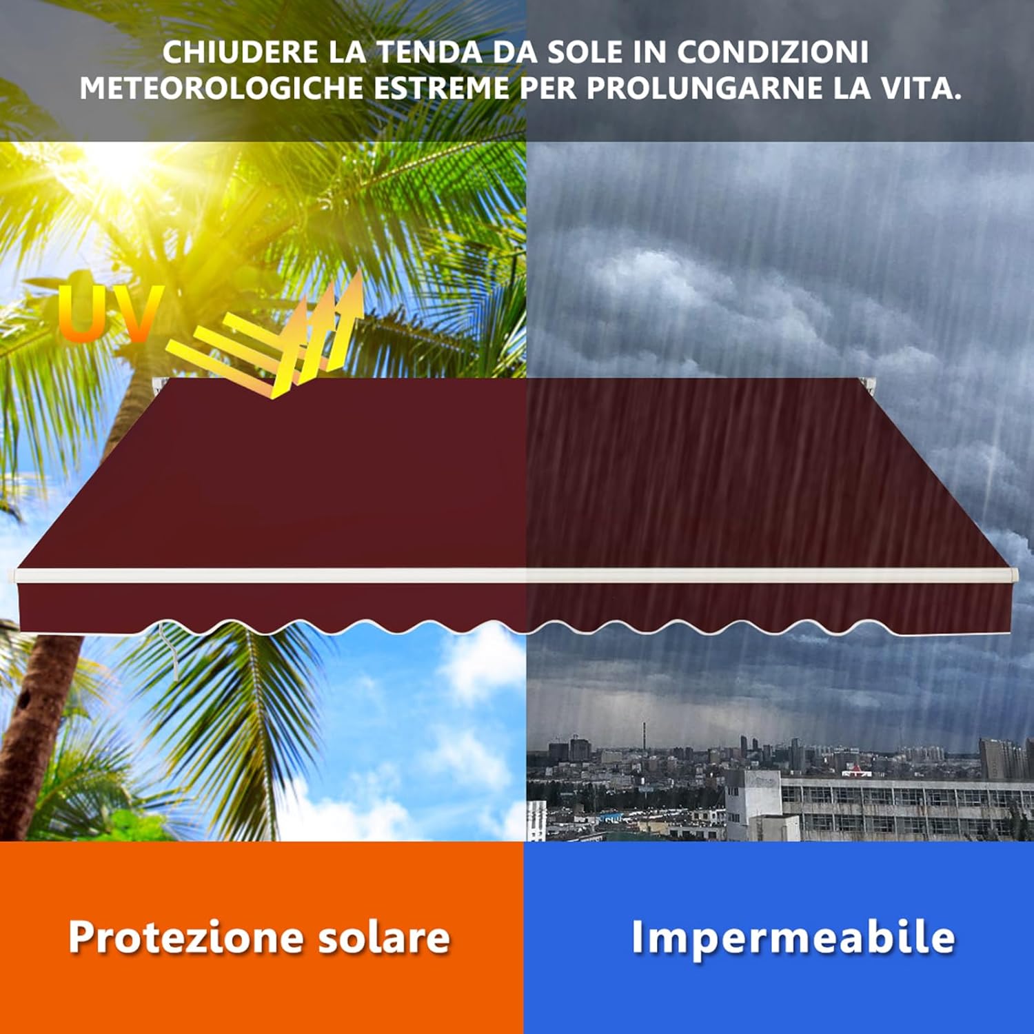 Tenda da Sole per Esterno Avvolgibile 3 x 2,5 M, Tenda da Sole a Bracci Estensibili con Telaio in Alluminio, Tettuccio Resistente al Sole e Impermeabile e Manovella (3 x 2,5 M, Rosso)