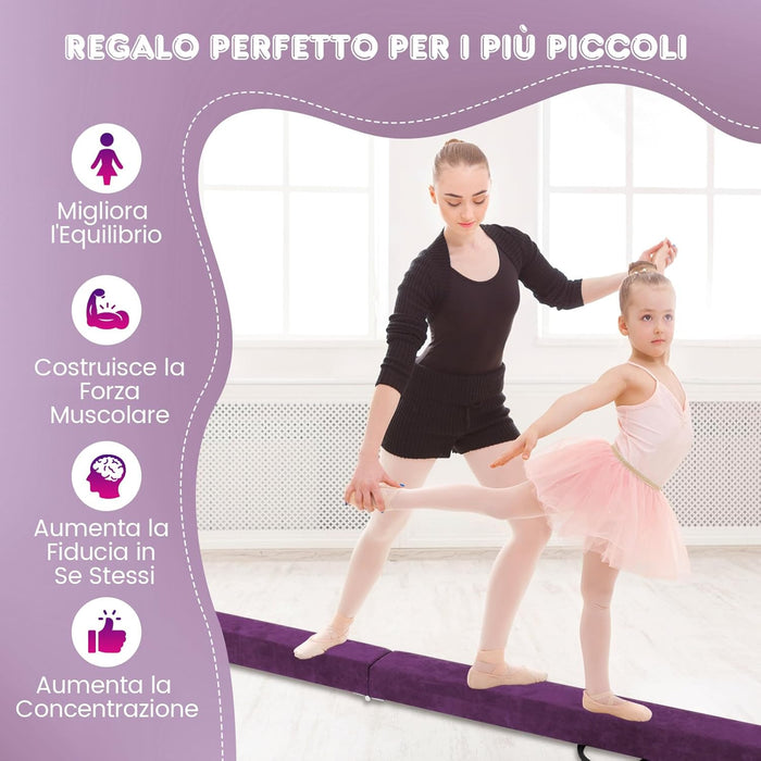 Trave Ginnastica Artistica per Casa 210/240 cm, Trave Pieghevole per Bambini con Maniglia, Base in Legno e Fondo Antiscivolo, Trave di Equilibrio da Pavimento