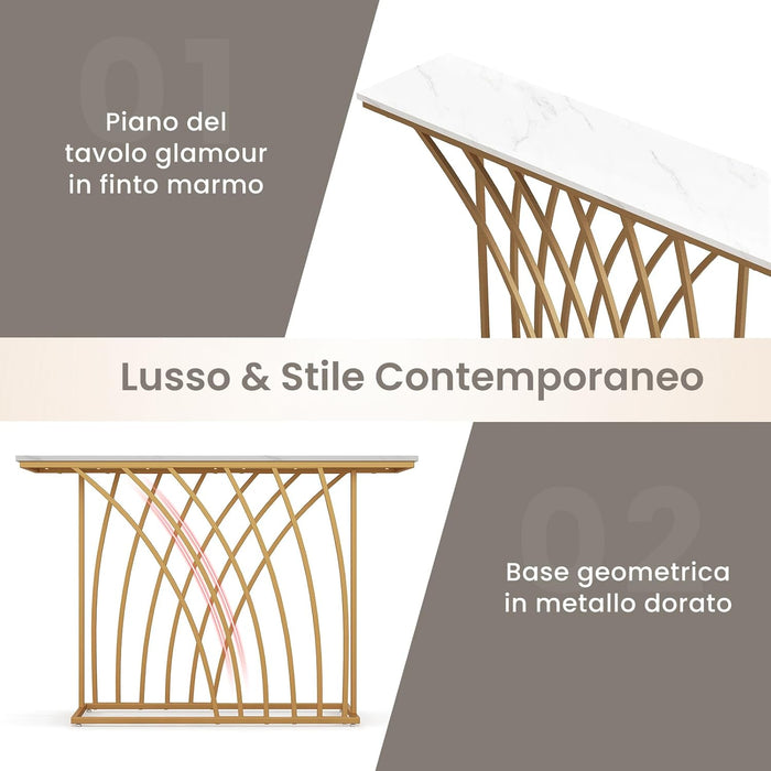 Tavolo Consolle, Tavolo da Ingresso Moderno con Piano Effetto Marmo Bianco, Base Geometrica, Tavolo Lungo e Stretto da Divano per Soggiorno e Ingresso