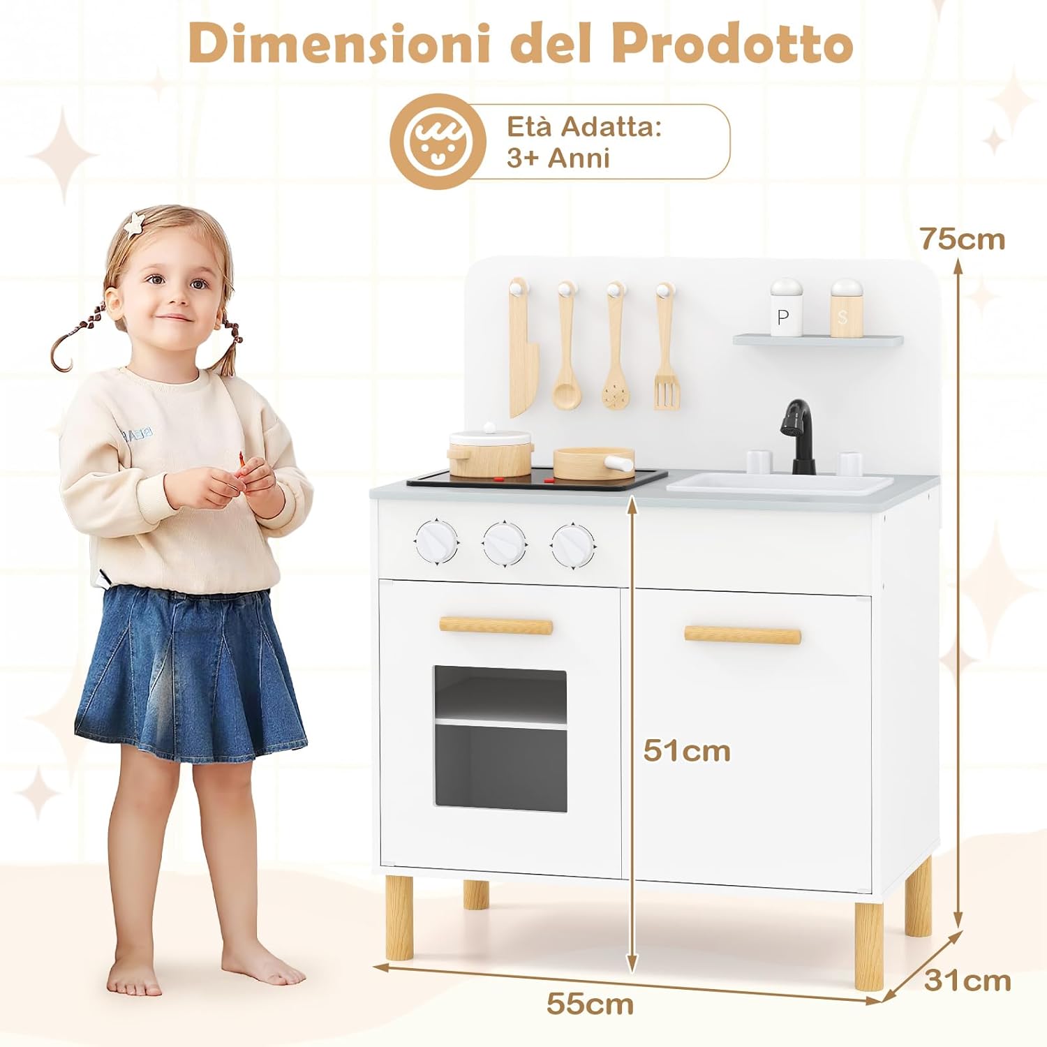 Cucina Giocattolo con Fornelli a Suoni e Luci Reali, Cucina per Bambini in Legno con Lavandelo Estrabile, Rubinetto e Forno, Set Cucina con 11 Accessori, 55 x 31 x 75 cm (Bianco)
