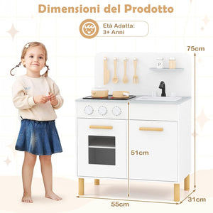 Cucina Giocattolo con Fornelli a Suoni e Luci Reali, Cucina per Bambini in Legno con Lavandelo Estrabile, Rubinetto e Forno, Set Cucina con 11 Accessori, 55 x 31 x 75 cm (Bianco)