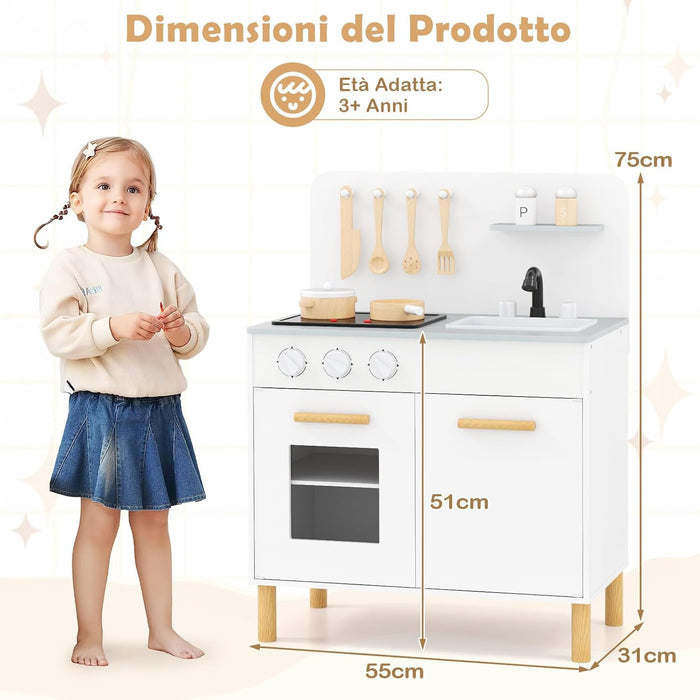 Cucina Giocattolo con Fornelli a Suoni e Luci Reali, Cucina per Bambini in Legno con Lavandelo Estrabile, Rubinetto e Forno, Set Cucina con 11 Accessori, 55 x 31 x 75 cm (Bianco)