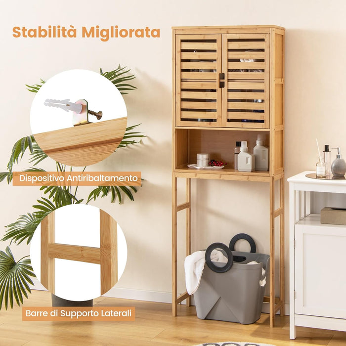 Scaffale Bagno in Bambù 170cm sopra WC, Mobile Bagno Salvaspazio con 2 Porte e Mensola Aoerta, Organizzatore sopra Gabinetto per Lavanderia, Naturale