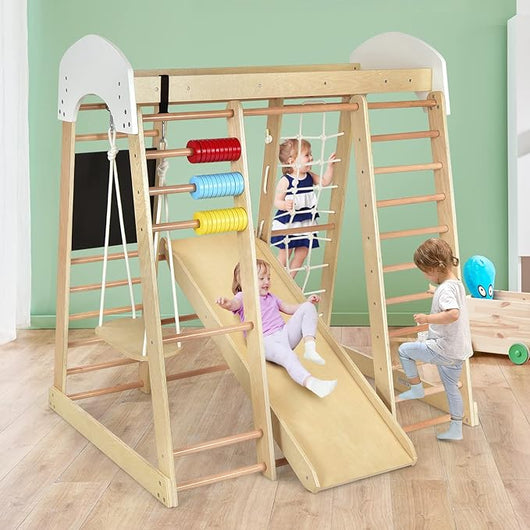 Set Arrampicata 8 in 1 per Bambini, Rocce da Arrampicata e Scala, con Scivolo Rete da Arrampicata, Barra Orizzontale, Centro attività di Legno per Bambini 3 Anni + (Stile 1 Naturale)