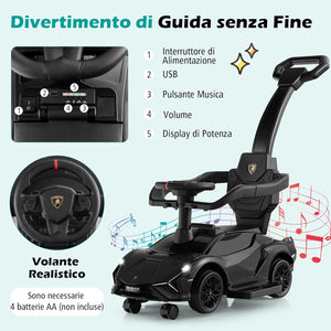 3 in 1 Auto da Spinta, Auto Scorrevole con Paracolpi e Manubrio Rimovibili Musica e Fari, Spazio di Stoccaggio Nascosto e Ruote Universali Staccabili, Bambini 18-24 Mesi (Nero)