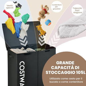 105 L Cesto Portabiancheria con Coperchio, Portabiancheria Sporca con 2 Scomparti e Maniglie, in Tessuto Non Tessuto, Ideale per Bagno Lavanderia, 62 x 31 x 60 cm (Nero)