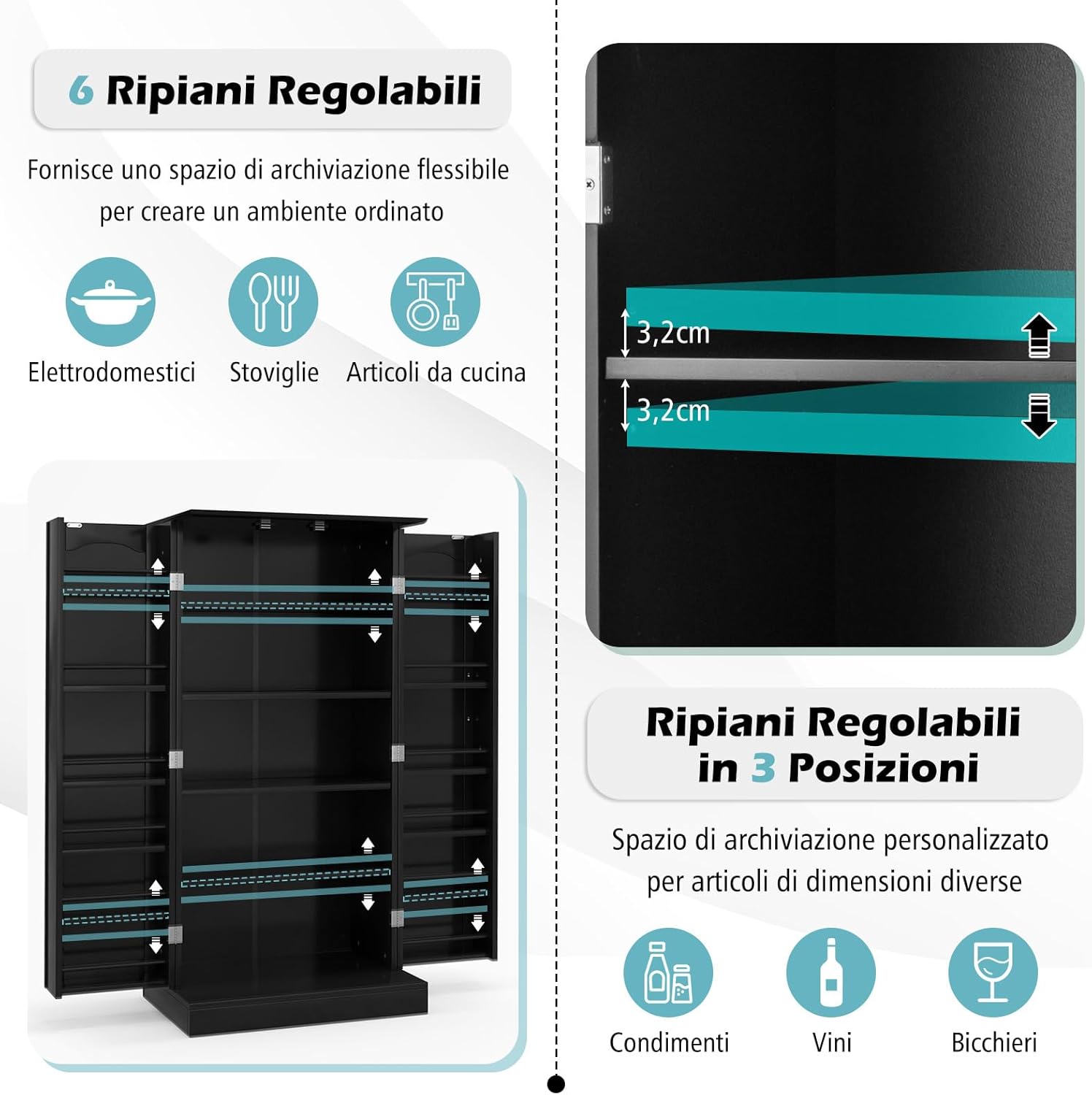 Credenza da Cucina, Mobile da Cucina Moderno con 6 Ripiani Regolabili, per Cucina, Sala da Pranzo e Soggiorno, 60 x 40 x 120 cm (Nero)