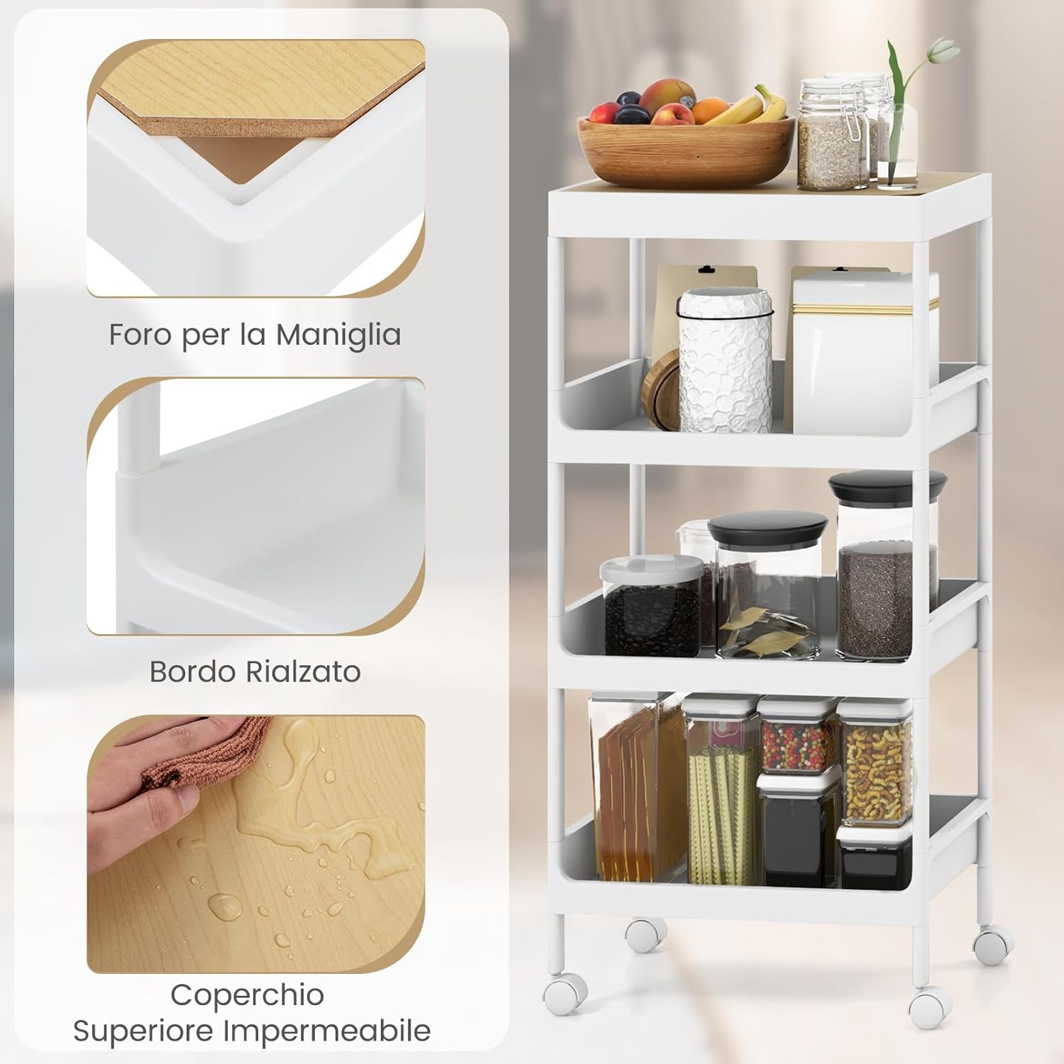 Carrello da Cucina a 3/4 Piani, Carrello con Vassoio Staccabile e Ruote Bloccabili, Carrello Multiuso per Cucina Bagno Lavanderia Spazi Stretti (4 Piani)