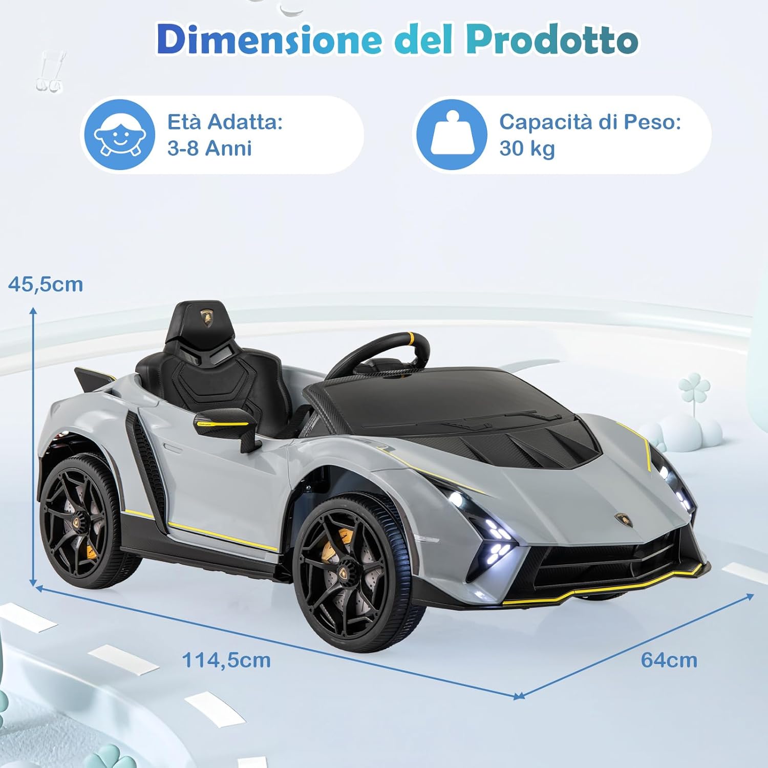 12 V Lamborghini Macchina Elettrica per Bambini, Auto Elettrica Cavalcabile con Telecomando Luci Ammortizzatori a Mola, 3 Velocità, per Bambini 3-8 Anni, 2-4 Km/h (Grigio)