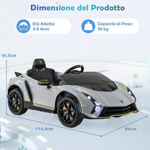 12 V Lamborghini Macchina Elettrica per Bambini, Auto Elettrica Cavalcabile con Telecomando Luci Ammortizzatori a Mola, 3 Velocità, per Bambini 3-8 Anni, 2-4 Km/h (Grigio)