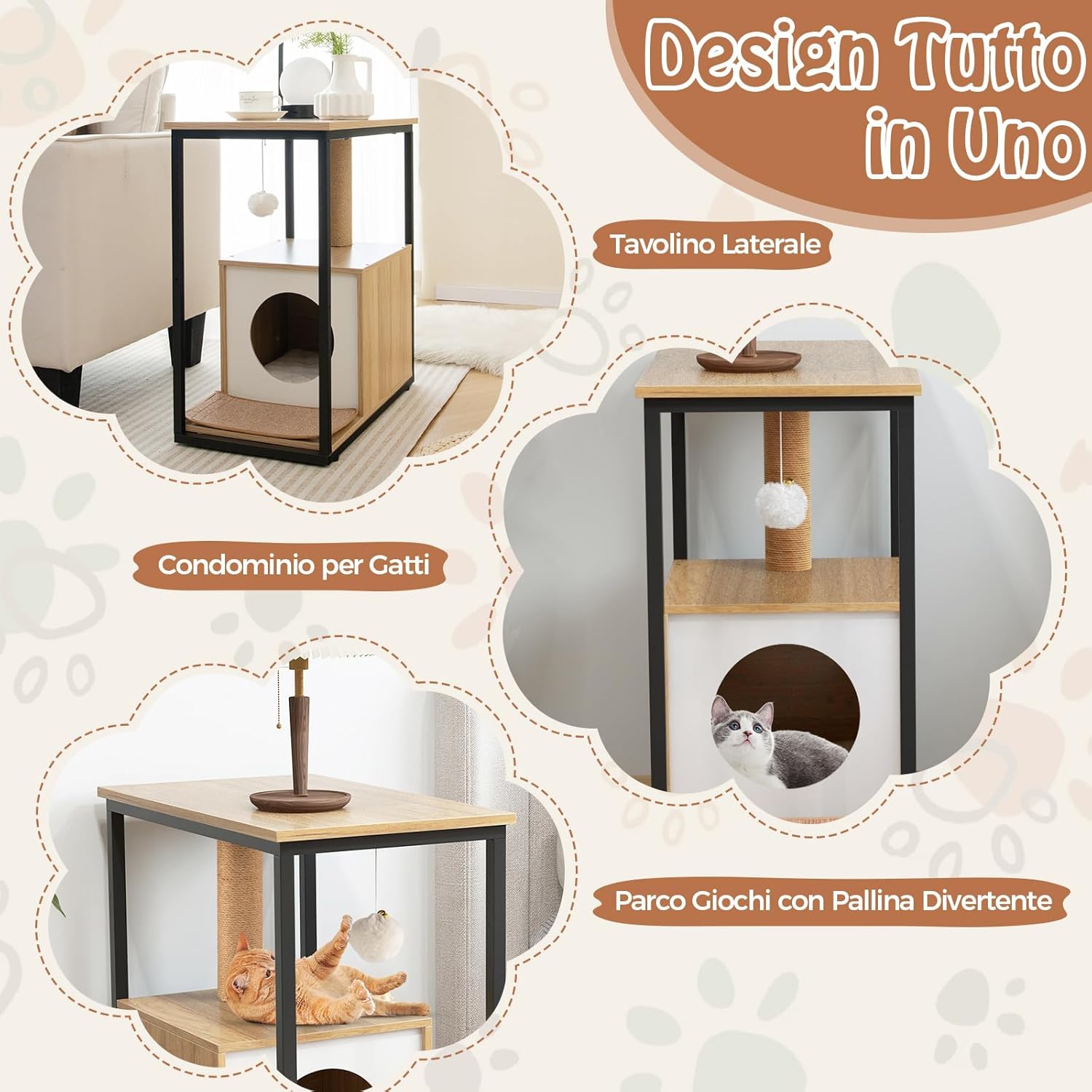 Cuccia per Gatti, Casetta per Gatti con Giocattolo a Palla Pensile e Dispositivo Anti-Ribaltamento, Tavolino Moderno e Multisuo con Case per Gatti, 60 x 36 x 66 cm(Naturale)