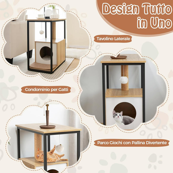Cuccia per Gatti, Casetta per Gatti con Giocattolo a Palla Pensile e Dispositivo Anti-Ribaltamento, Tavolino Moderno e Multisuo con Case per Gatti, 60 x 36 x 66 cm(Naturale)