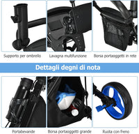 Carrello da Golf Pieghevole con 3 Ruote, Trolley da Golf Altezza Regolabile di Alluminio con Sedile, Porta Ombrello e Porta Bevande