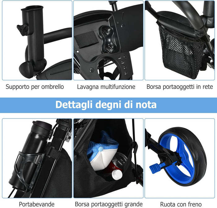 Carrello da Golf Pieghevole con 3 Ruote, Trolley da Golf Altezza Regolabile di Alluminio con Sedile, Porta Ombrello e Porta Bevande