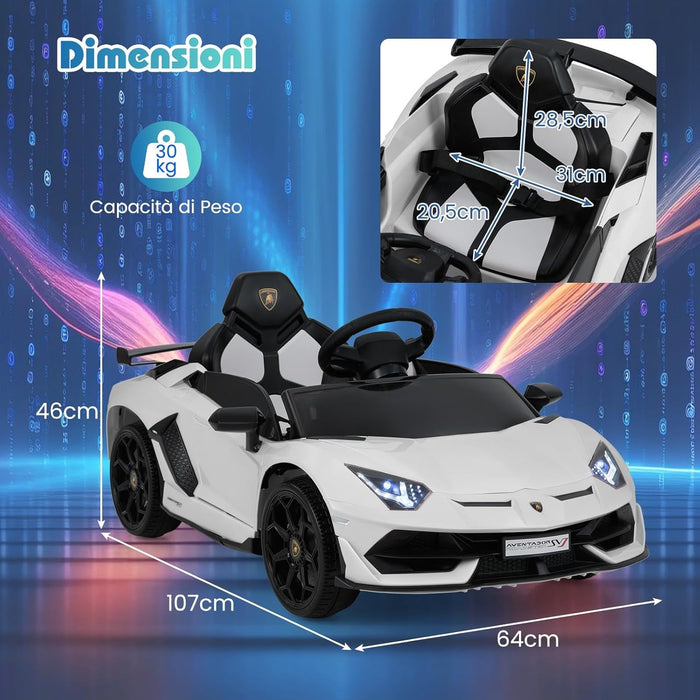 12V Lamborghini Macchina Elettrica per Bambini, Veicolo Elettrico con Telecomando Sospensione a Molla Luci LED MP3, 3-5 km/h, per Bambini 3 Anni+ (Bianco)