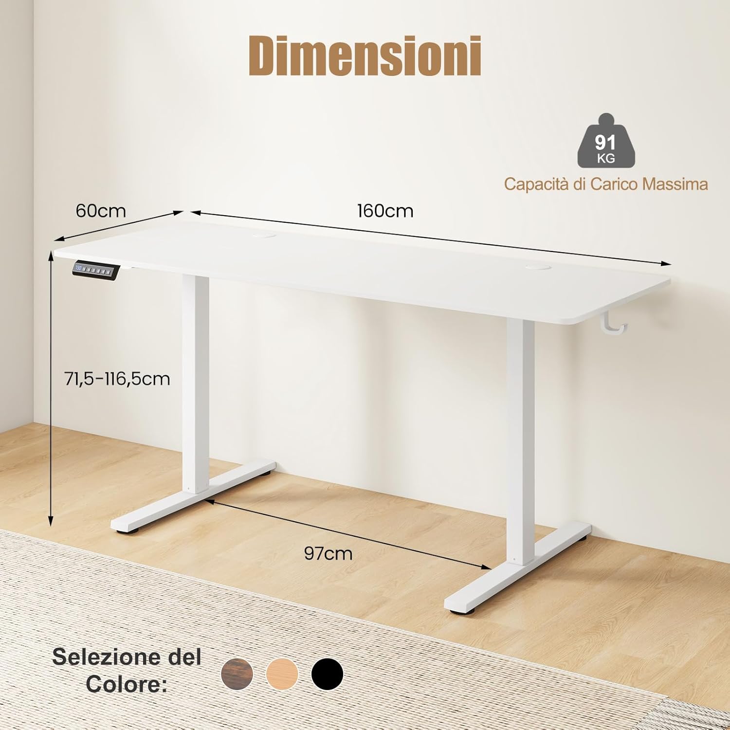 Scrivania Regolabile in Altezza 160 x 60 cm, Scrivania Elettrica con Pannello Smart Anticollisione, Scrivania per Computer con 2 Fori per Cavi e 2 Ganci, per Ufficio e Studio, Bianco