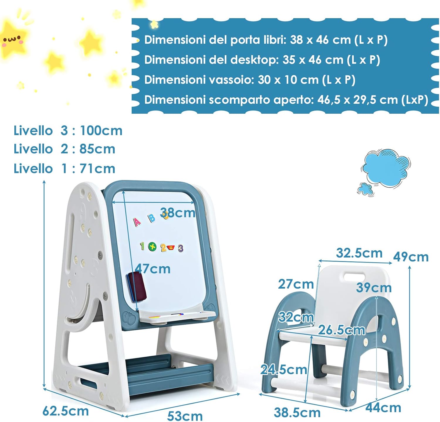 Cavalletto per Dipingere 2 in 1 Multifunzione per Bambini Altezza Regolabile, Libreria Bambini Lavagna Doppia Faccia , con Sedia e Accessori (Blu)