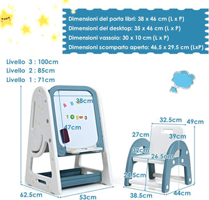 Cavalletto per Dipingere 2 in 1 Multifunzione per Bambini Altezza Regolabile, Libreria Bambini Lavagna Doppia Faccia , con Sedia e Accessori (Blu)