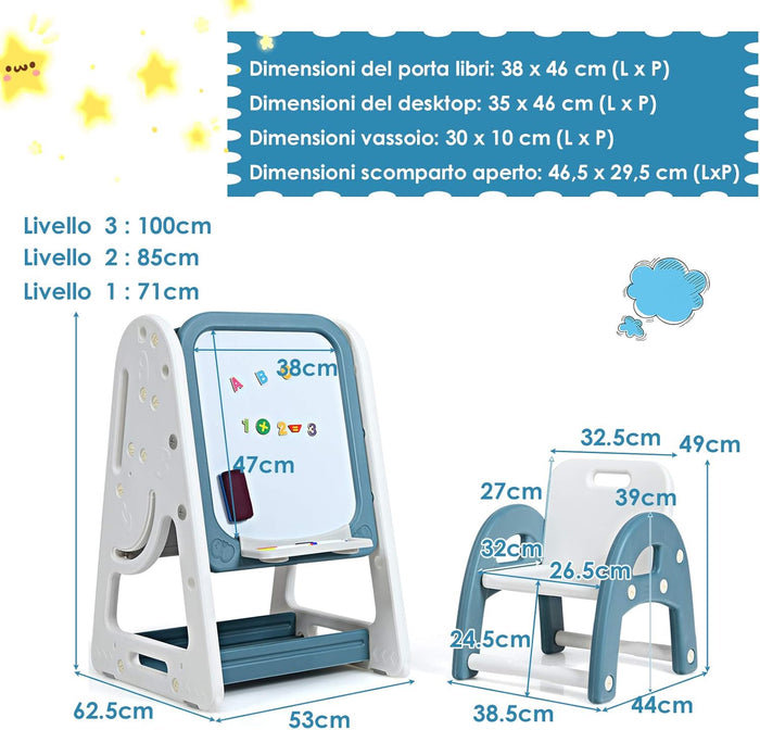 Cavalletto per Dipingere 2 in 1 Multifunzione per Bambini Altezza Regolabile, Libreria Bambini Lavagna Doppia Faccia , con Sedia e Accessori (Blu)