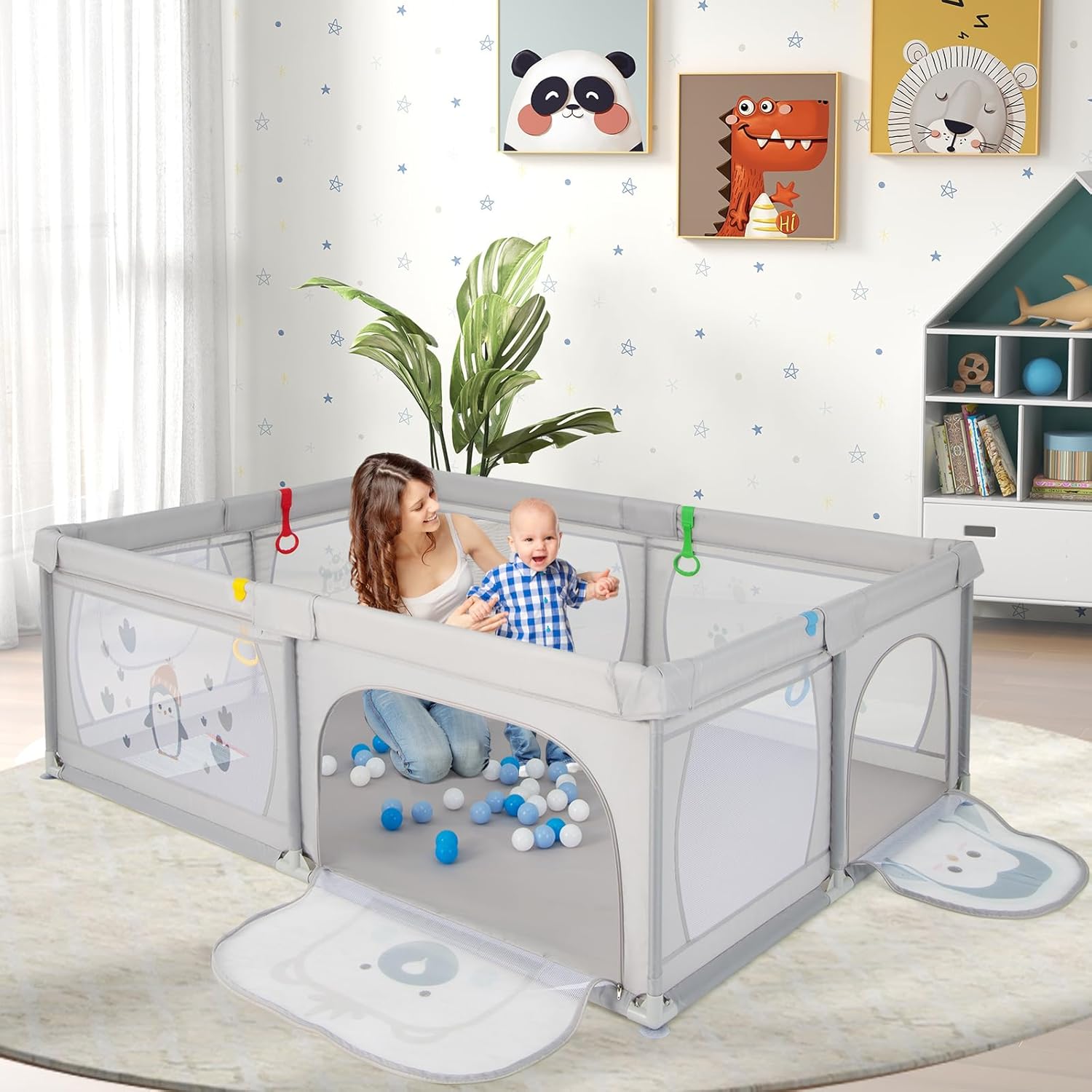 Recinto per Bambini, Box per Bambini con Rete Traspirante, Centro Attività per Bambini con 50 Palline, Box Giochi per Bambini 0-3 Anni (Pinguini, 206 x 147 cm)