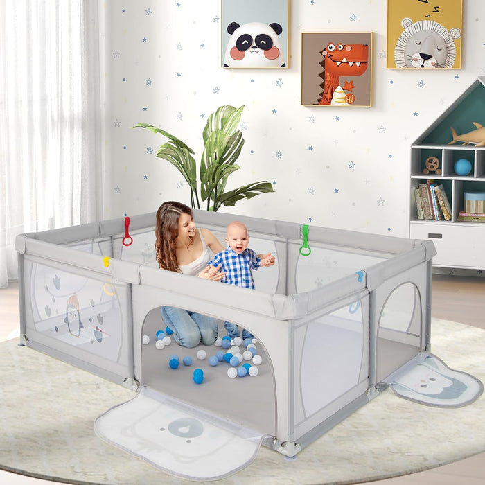 Recinto per Bambini, Box per Bambini con Rete Traspirante, Centro Attività per Bambini con 50 Palline, Box Giochi per Bambini 0-3 Anni (Pinguini, 206 x 147 cm)