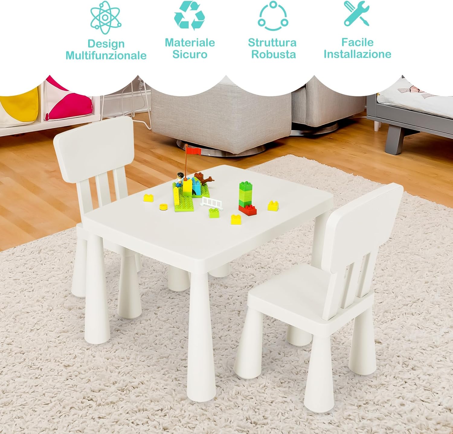 Set Tavolo e Sedie per Bambini 1-7 Anni, 2 Sedie Ergonomiche con Schienale, Materiale PP Atossico e Inodore, Angoli Arrotondati, Adatto per Giocare, Disegnare e Leggere, Portata 50kg (Bianco)