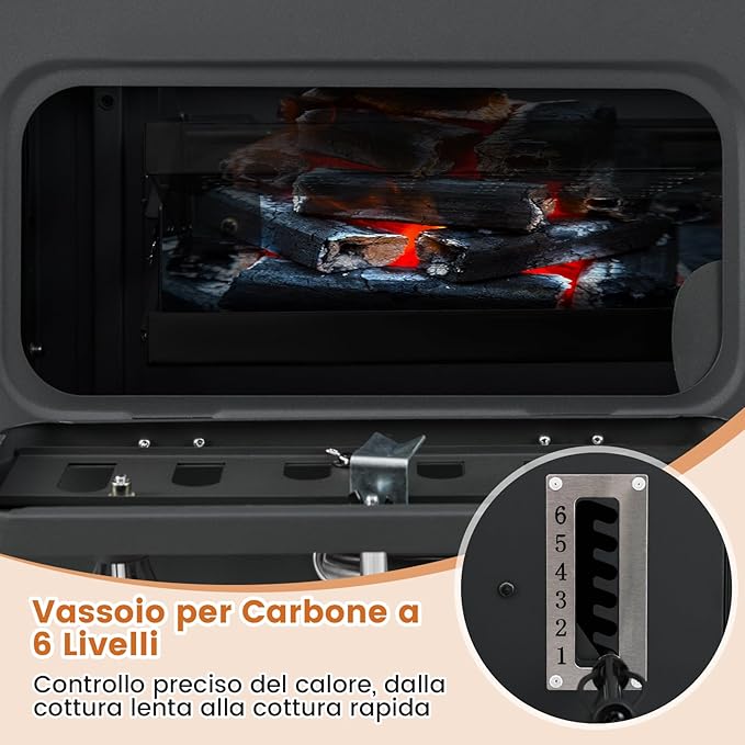 Barbecue a Carbone da Esterno con Ruote, Barbecue a Carbone Portatile con 2 Tavolini Pieghevoli, Vassoio del Carbone Regolabile a 6 Livelli e Ripiano di Stoccaggio, per Campeggio, Picnic