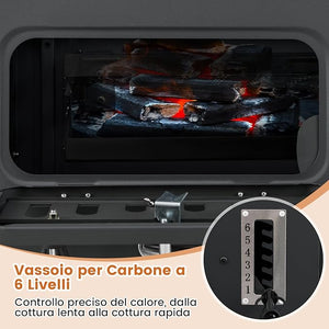 Barbecue a Carbone da Esterno con Ruote, Barbecue a Carbone Portatile con 2 Tavolini Pieghevoli, Vassoio del Carbone Regolabile a 6 Livelli e Ripiano di Stoccaggio, per Campeggio, Picnic