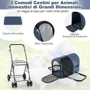 Passeggino per Cani Pieghevole, Carrozzina per Cani Multifunzionale 4 in 1 a Doppio Livello, Passeggino Smontabile con Ruote, Ideale per Passeggiata Viaggio e Shopping (Blu)
