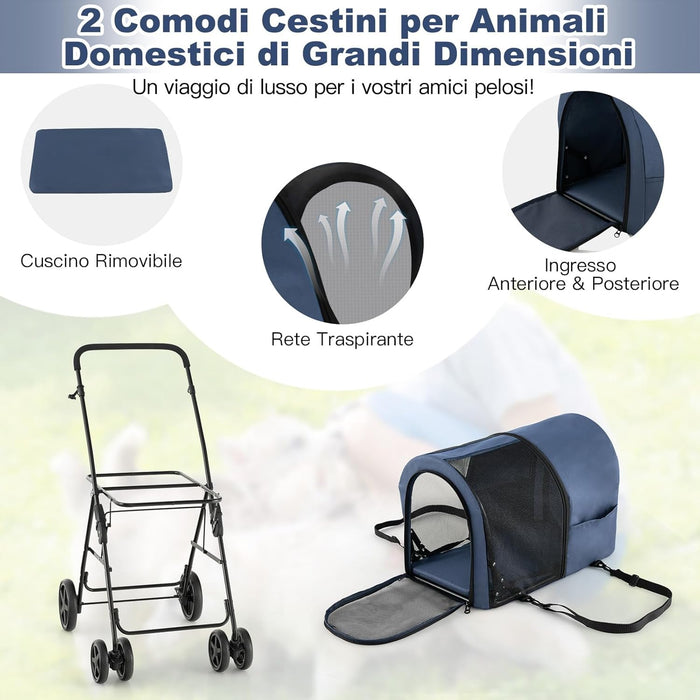 Passeggino per Cani Pieghevole, Carrozzina per Cani Multifunzionale 4 in 1 a Doppio Livello, Passeggino Smontabile con Ruote, Ideale per Passeggiata Viaggio e Shopping (Blu)