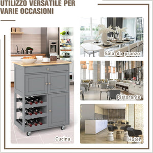 Carrello da Cucina, con Portabottiglie Tre Ante e Ruote, Credenza Cucina in Legno di Pino e MDF, Ideale per Soggiorno e Cucina, 67 x 37 x 86 cm（Grigio）