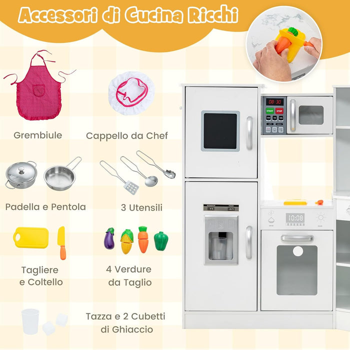 Set di Cucina Giocattolo per Bambini, con Suoni e Luci Divertenti, Lavabo, Forno a Microonde, Macchina del ghiaccio e Lavastoviglie, Lavagna, Ideale per Bambini 3 Anni+ (Bianco)