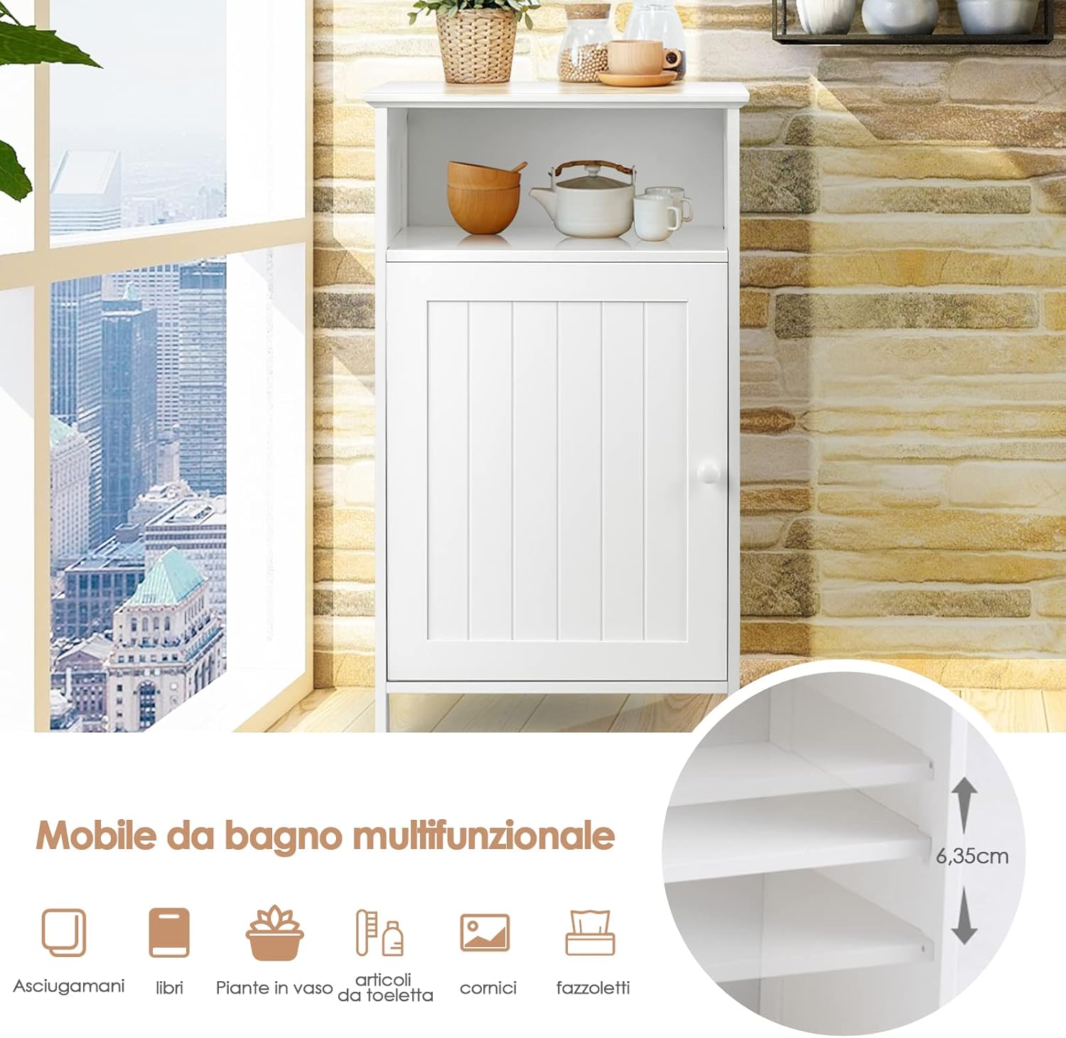 Mobile bagno, Armadietto Multiuso e Salvaspazio con Ante e Mensola Regolabile, Mobiletto in Legno per Soggiorno, Camera da letto e Ufficio, 40 x 30 x 70cm (Bianco)