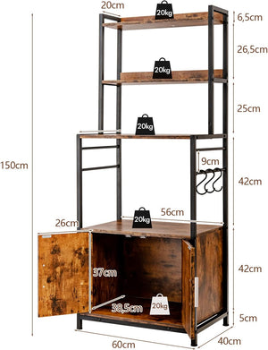 Scaffale con 4 Livelli per Cucina con Armadio e Credenza, Supporto Industriale per Forno Microonde, con Ganci e Piedini Regolabili, Ideale per Cucina e Sala da Pranzo, 60 x 40 x 150 cm