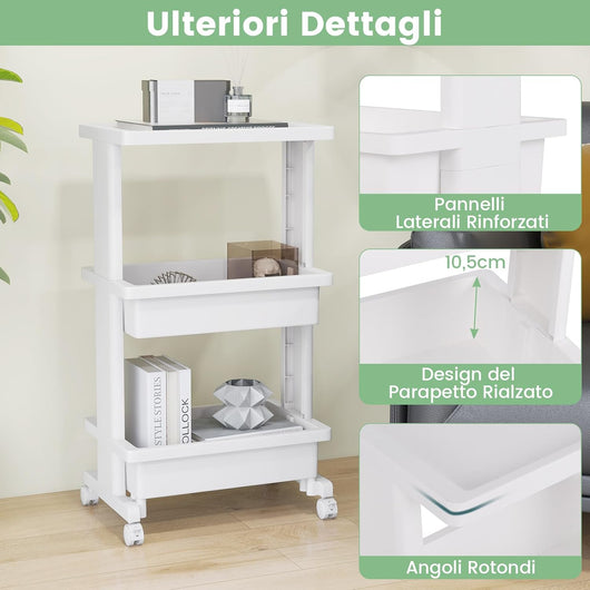 COSYTWAY Carrello da Cucina a 3 Piani, Carrello Portaoggetti in Plastica con Ruote Bloccabili, con Piano d'Appoggio, Carrello da Servizio Multifunzionale per Ufficio Cucina