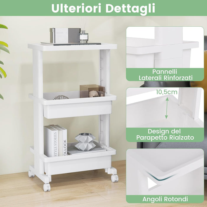 COSYTWAY Carrello da Cucina a 3 Piani, Carrello Portaoggetti in Plastica con Ruote Bloccabili, con Piano d'Appoggio, Carrello da Servizio Multifunzionale per Ufficio Cucina