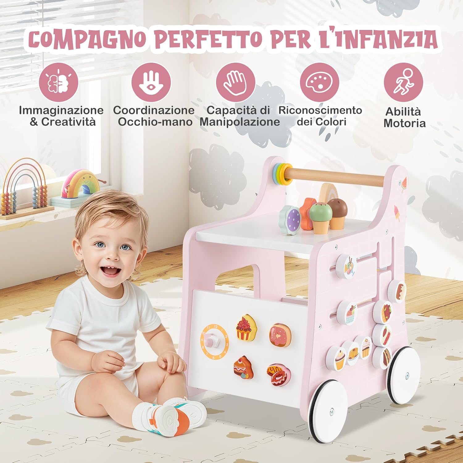 Girello 2 in 1 per Bambini, Carrello Primi Passi in Legno con Spazio di Archiviazione, Negozio di Dolci con Gelati, Cursori, Labirinto, Piatto e Cucchiaio, Centro Attività per 1+ Anni (Rosa)