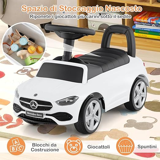 Mercedes Benz Macchinina Cavalcabile a Spinta per Bambini, Auto da Gioco con Volante Clacson e Suono, Spazio di Archiviazione, Auto a Spinta per bambini 1-3 Anni (Bianco)
