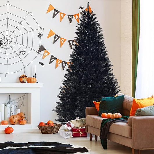 Albero di Natale Nero 180/225 cm, Albero di Natale con 1036/1258 Rami Folti e Base di Metallo con Cuscinetti Antiscivolo, Albero di Natale Realistico per Halloween (225 x Ø131cm)