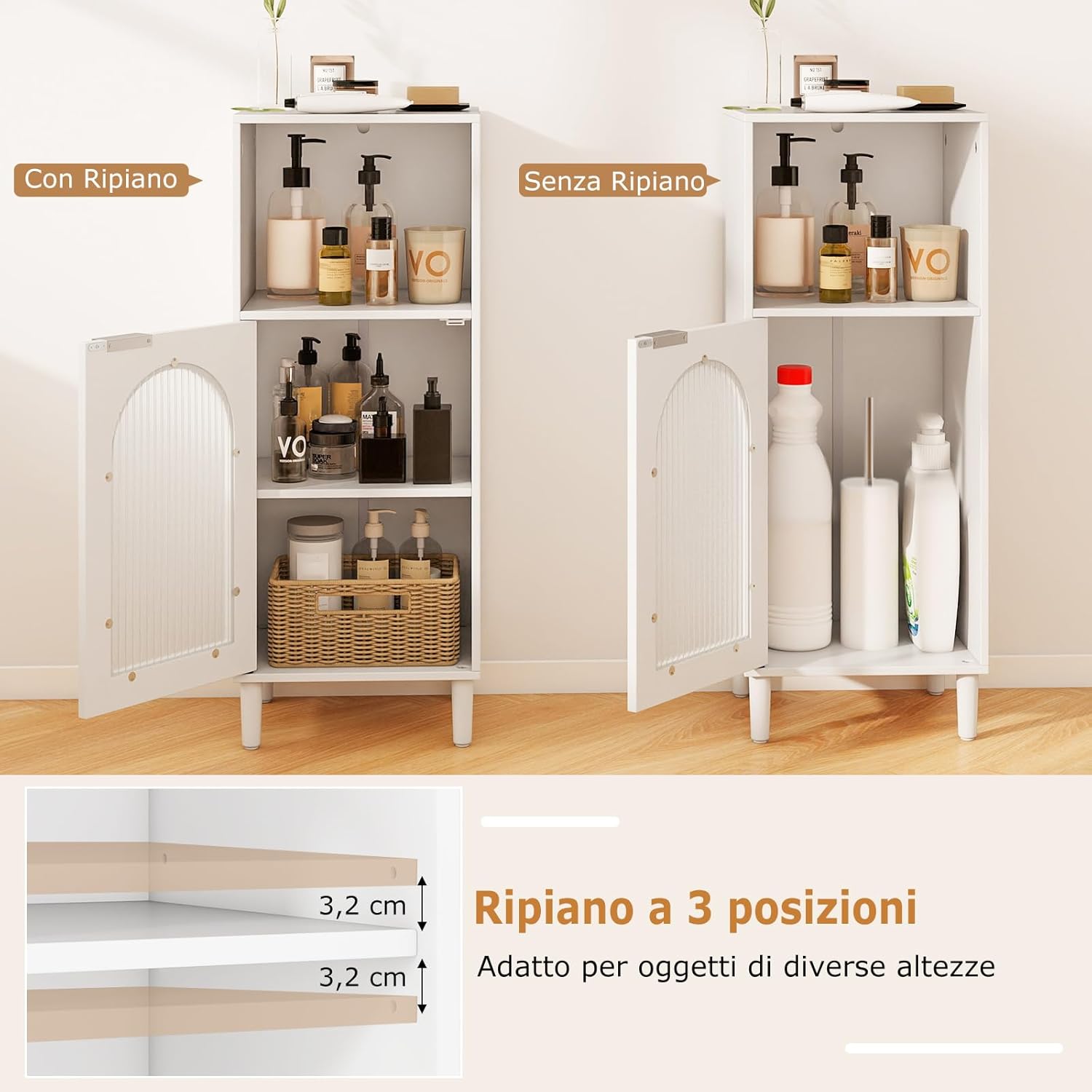 Armadietto da Bagno 35 x 30 x 90 cm, Mobiletto Bagno Salvaspazio in Legno con Anta in Vetro Temperato e Ripiano Regolabile, Colonna Salvaspazio per Corridoio, Soggiorno e Cuccina