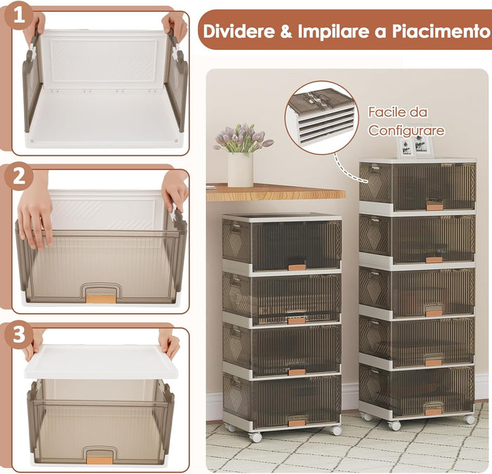 Scatole Immagazzinaggio Impilabili e Pieghevole con Ruote, Contenitore a 5 Ripiani con Coperchi, Organizzatori Trasparente, per Camera da Letto e Soggiorno, Bianco (37,5 x 27,5 x 101,5 cm)