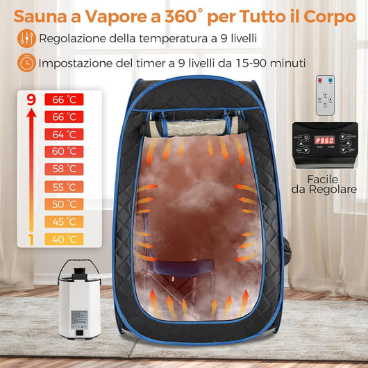 Sauna a Vapore Portatile 3L, Sauna da Casa con 9 Livelli di Regolazione della Temperatura da 40-65℃, Telecomando, Sedia Pieghevole e Massaggiatore per Piedi in Legno (Nero)