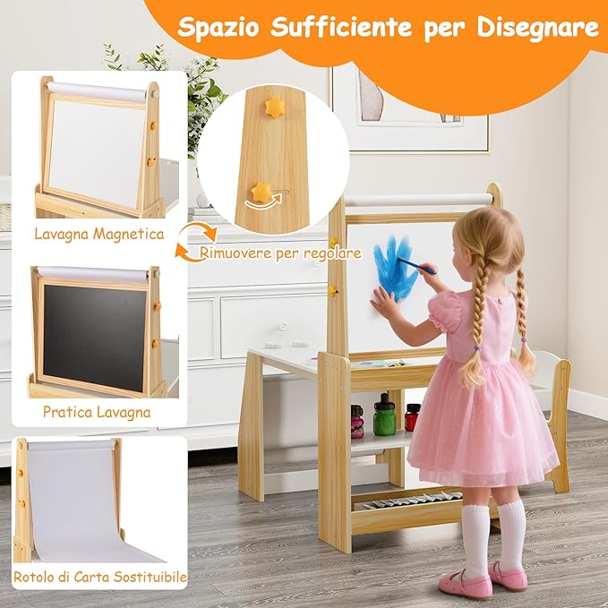 Set Tavolo e Sedia per Bambini, Tavolo in Materiale Sicuro con Lavagna e Sedia, Lavagna Bianca, Rotolo di Carta, 2 Ripiani Aperti e Libreria a 2 Ripiani, Ideale per Disegno (Naturale)